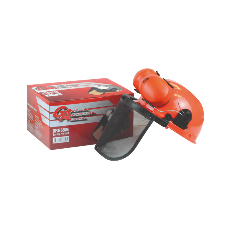 Safety Helmet Kit Orange with Earmuffs 23 dB Noise Reduction Tilt-up Mesh Visor Six Point Webbing Suspension BRG6586